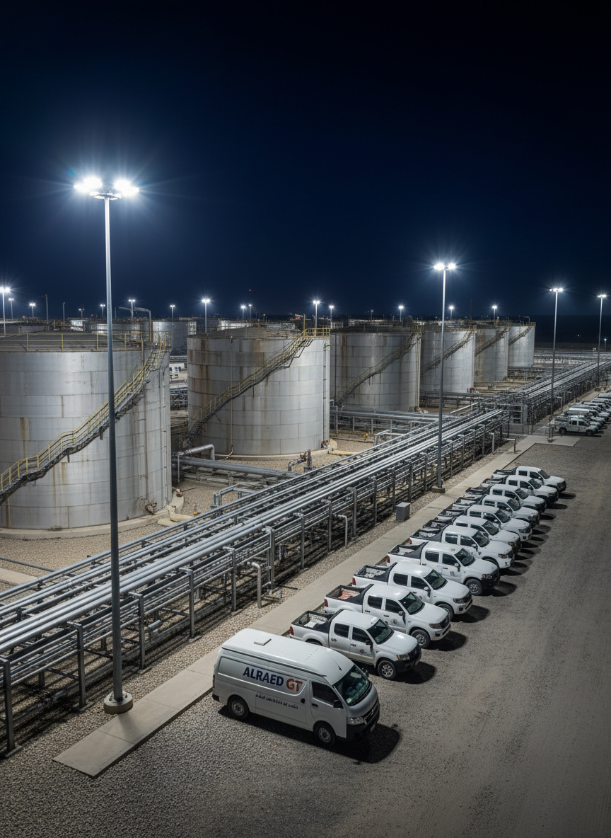 A night-time scene of an oil sector storage facility operated by a trading and contracting company ALRAED SY, with large cylindrical storage tanks, neatly laid-out pipe racks, and a row of parked service vehicles. Bright, cool-white floodlights mounted on tall poles illuminate the area, creating strong contrasts and defined shadows on the gravel and concrete surfaces while leaving the sky deep blue-black. Subtle ALRAED SY branding appears on the side of a vehicle in bilingual English and Arabic. Photographic realism, captured from a slightly elevated angle, presenting a calm but vigilant atmosphere that suggests 24/7 operations, safety, and reliability, with a sharp, high-clarity image and no human presence.