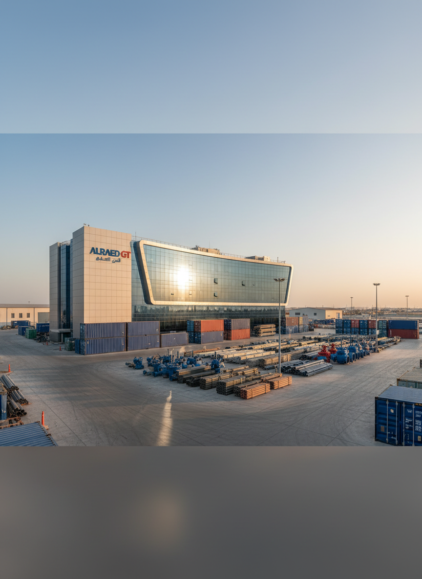 A wide panoramic view of a modern industrial trading and contracting hub, with a sleek glass-fronted headquarters building bearing a bilingual ALRAED GT logo in both English and Arabic on a brushed metal facade. In the foreground, neatly arranged shipping containers, steel pipes, and industrial valves are stacked in organized rows on a clean concrete yard. The sky is clear with warm late-afternoon sunlight casting long, precise shadows, emphasizing structure and order. Photographic realism, shot from a slightly elevated angle with sharp focus throughout, presenting a professional, trustworthy mood suitable for a corporate homepage hero image, with a clean and modern aesthetic and no people visible anywhere.