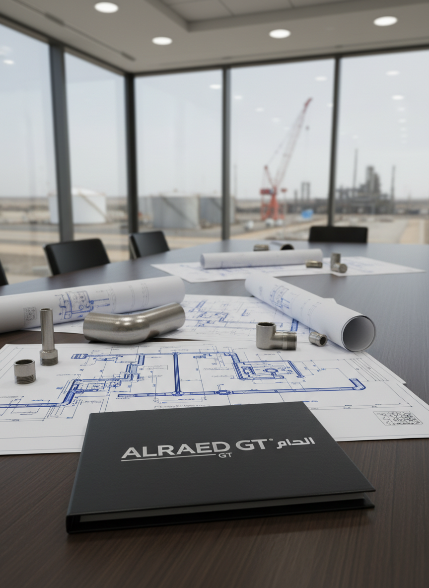 A clean, modern boardroom table made of dark wood with a subtle grain, set with technical blueprints of oil pipelines and civil infrastructure, metal samples of pipe sections and fittings, and a sleek bilingual ALRAED SY presentation folder in English and Arabic. The room features floor-to-ceiling windows overlooking a blurred industrial landscape of tanks and cranes. Soft, diffused daylight fills the space, balanced by discreet recessed ceiling lights, creating a neutral, professional tone. Photographic realism, captured from a slightly elevated corner angle focusing on the documents and materials in the foreground, with a shallow depth of field and no chairs or people visible, symbolizing strategic planning and corporate professionalism.