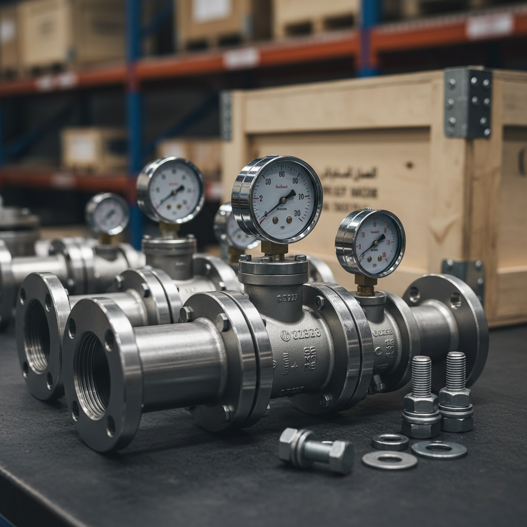 A detailed close-up of heavy-duty industrial components used in the oil and gas sector, including flanged steel pipes, precision valves, pressure gauges, and gleaming fasteners, all laid out on a dark, matte workbench. Each metallic surface reflects soft studio lighting, highlighting textures of brushed stainless steel, anodized finishes, and engraved technical markings. The background fades into a subtle bokeh of blurred storage racks and crates labeled with bilingual English and Arabic tags. Photographic realism, captured at eye level with a shallow depth of field, creating a focused, expert atmosphere that conveys high-quality supply and technical reliability for an oil sector trading company ALRAED SY.