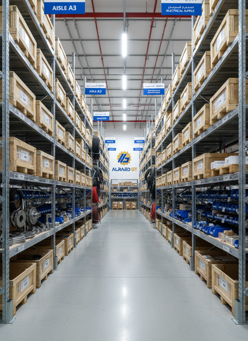 A meticulously organized warehouse interior dedicated to industrial trading and supplying, with high steel shelving units loaded with labeled crates, coiled hoses, flanges, and electrical components, all aligned in perfectly straight aisles. Overhead LED lighting produces clean, even illumination, creating crisp reflections on metallic surfaces and soft shadows on the polished concrete floor. Bilingual English and Arabic signage clearly marks each section, reinforcing the international, corporate nature of the business ALRAED SY. Photographic realism, shot from a central, eye-level viewpoint looking straight down a long aisle, with strong depth and leading lines drawing the eye forward, conveying efficiency, reliability, and logistical excellence.