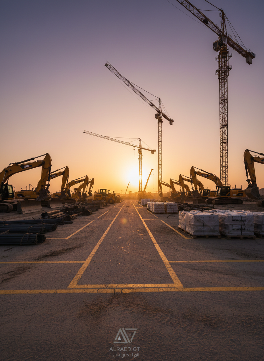 An expansive construction and civil works site at golden hour, with neatly aligned excavators, bulldozers, and tower cranes silhouetted against a warm sky, all branded subtly with the ALRAED SY initials on equipment panels in both English and Arabic. The ground is compacted earth with clearly marked safety pathways, stacks of rebar, and organized pallets of construction materials. Natural sunlight creates dramatic but controlled shadows, emphasizing scale and capability. Photographic realism, captured from a low, wide-angle perspective, conveying strength, stability, and professionalism, with a clear, uncluttered composition and no workers or people present, ideal for representing contracting and civil works services.